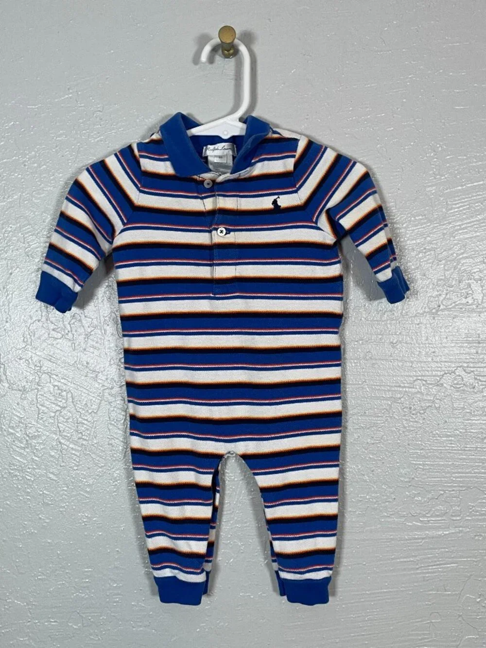 Ralph Lauren Baby 6M Blue White Red Stripe Polo Bodysuit Cotton Knit Long Sleeve